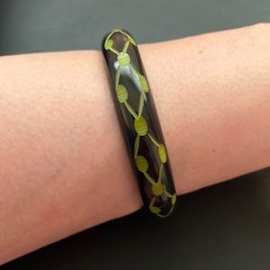 Vintage Plastic Bangle Bracelet, Black, Carved Green Polka Dots, Retro, Boho